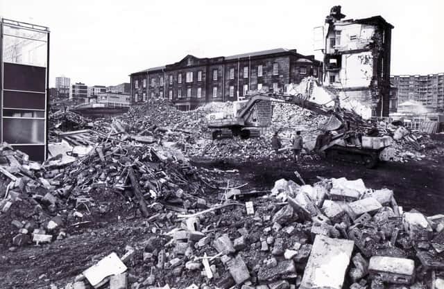 Sheffield Royal Infirmary was built by public subscription and opened in 1797, serving the Sheffield public until it closed in 1980. This photo from January 26, 1985 shows some of the outbuildings being demolished though the main block visible in the background was left standing, renamed Heritage House and converted into offices.