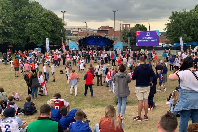 Fans gathered in the fan zone at Devonshire Green before walking down to Bramall Lane for the semi-final match