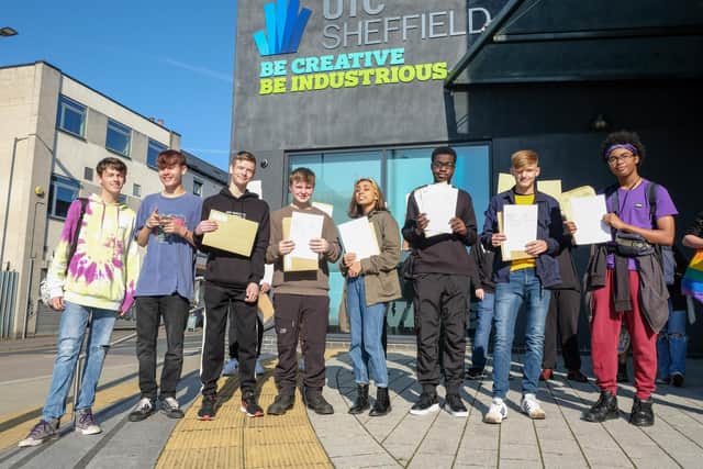 Students at UTC Sheffield City celebrate after receiving their GCSE results