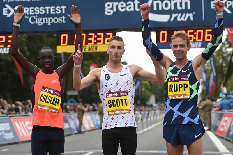 Great North Run 2021 winner Marc Scott, centre, with second-place Ed Cheserek, left, and third Galen Rupp, right.