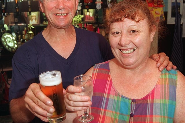The Stumble Inn, on Attercliffe Common, Sheffield. Landlady and landlord Sue and Michael Underhay are pictured celebrating their first anniversary at the pub in August 1997
