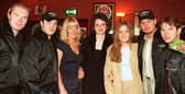 Boyzone at the Radio One Roadshow in Sheffield with Star prize winners, Sarah Hunter, Kirsty Devonshire and Jennie Bray, on April 13, 1998