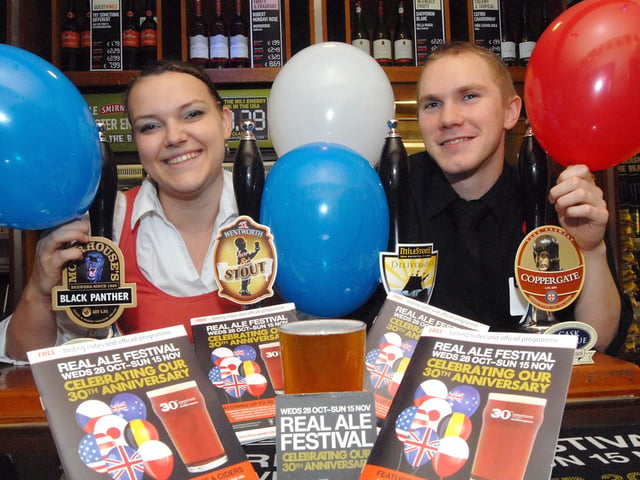 Staff at The Court House pub Mansfield celebrated  their 30th year in 2009  pic shows Manager Rachel Hannah left and Pete Dallas bar staff