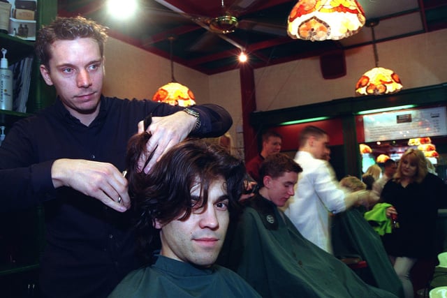 Pictured at  Taylors Hairdressers, Surrey Street, Sheffield, where  Shane Mills was cutting the hair of Mojo actor  Alan Westaway in 1999
