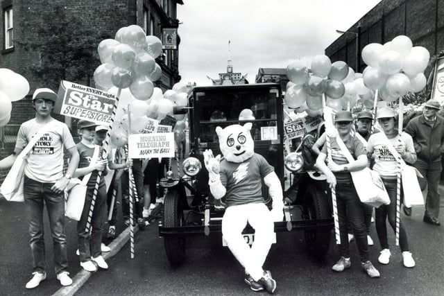 Gloops and newspaper boys and girls take part in the Lord Mayor's Parade in June 1984