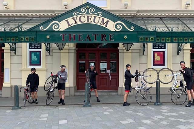 The five cyclists stopped off at the Lyceum Theatre in Sheffield city centre as part of their Survival Tour highlighting the plight of the entertainment industry