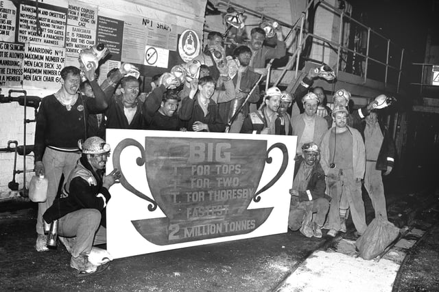 Miners celebrating two million tonnes in February 1989