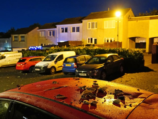 Debris damaged surrounding cars in Primrose Park.