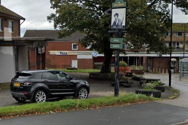 A Google Maps image from 2021, showing the John O'Gaunt pub and the Gaunt Shopping Centre on Blackstock Road, Gleadless, Sheffield
