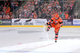 Brendan Connolly's celebrations after his winning penalty shot for Sheffield Steelers against Nottingham Panthers. Picture: Dean Woolley