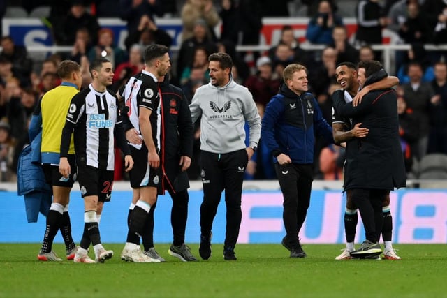 Callum Wilson of Newcastle United celebrates with Eddie Howe, Manager of Newcastle United after the Premier League match between Newcastle United and Burnley at St. James Park on December 04, 2021 in Newcastle upon Tyne, England. (Photo by Stu Forster/Getty Images)