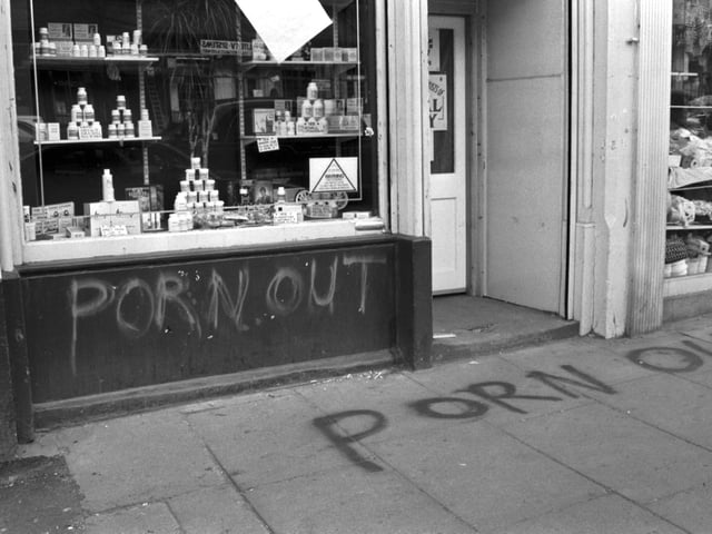 The Private Lines 'sex shop' in Elm Row Edinburgh had  'PORN OUT' graffiti spray-painted on the exterior in April 1990.