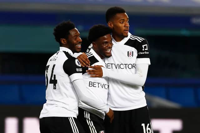 Fullham's Josh Maja celebrates one of his two goals in his side's win at Everton earlier this month. (Photo by Jason Cairnduff - Pool/Getty Images)