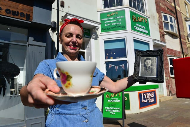 Jacky Sullivan, owner of Glady's Vintage Tearoom, celebrates after the Seaton Carew business is included on a list of the top 15 independent restaurants.