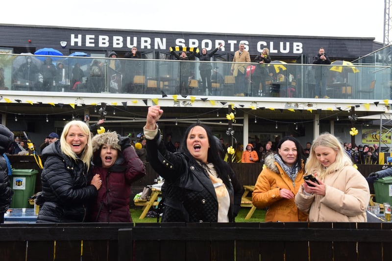 Lynn Martin (centre)  the mother of winning goal scorer Olly Martin, celebrates with friends at Hebburn Sports Club yesterday. 