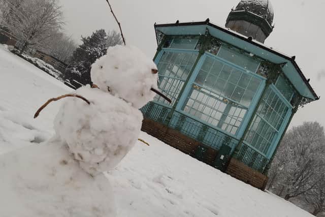 For those needing to travel it is a nightmare – but some have been making the most of today’s snowfall. A snowman next to Weston Park band stand