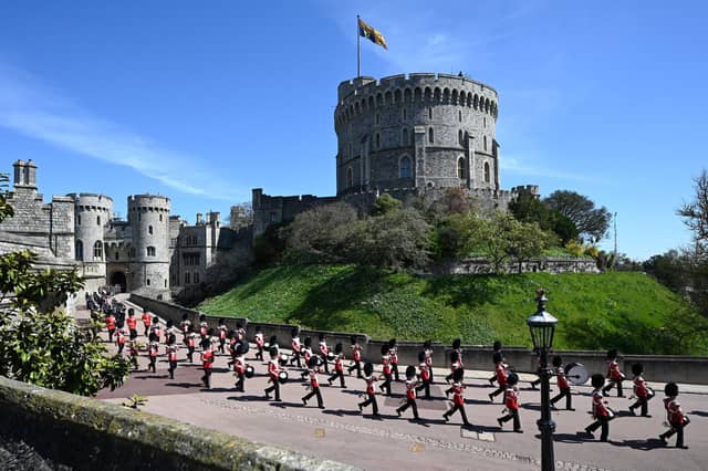 The Foot Guards Band are seen marching into position ahead of the funeral of the Duke of Edinburgh at Windsor Castle.