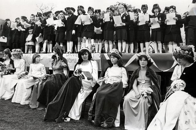 Sunday School May Queens pictured with a choir from the Trinity Fir Vale Methodist Church Boys and Girls Brigade at the annual Whit sing in Firth Park... May 1978