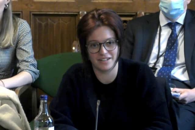 Food writer and campaigner Jack Monroe giving evidence to the Work and Pensions Committee. Photo: Parliament TV/PA Wire