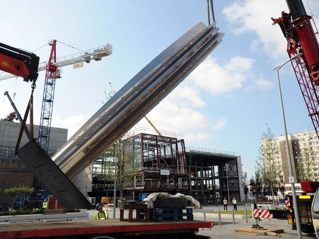 Sir Nigel Gresley Square - named after locomotive engineer Sir Nigel Gresley, who designed and oversaw the creation of world-famous locomotives like the Mallard and the Flying Scotsman in Doncaster - officially opened in Waterdale in 2012. The 'Danum' sculpture is pictured being unloaded.