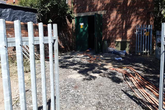 Repair work by Northern Powergrid engineers taking place at an electricity sub-station behind Upperthorpe Peace Garden, Sheffield. A fire that damaged cables there has led to a series of power cuts in the area