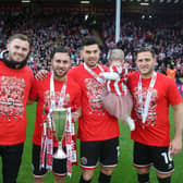Sheffield United's George Baldock and John Egan are flanked by Jack O'Connell and Billy Sharp: Simon Bellis / Sportimage