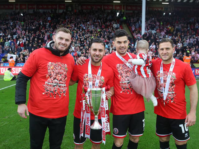 Sheffield United's George Baldock and John Egan are flanked by Jack O'Connell and Billy Sharp: Simon Bellis / Sportimage