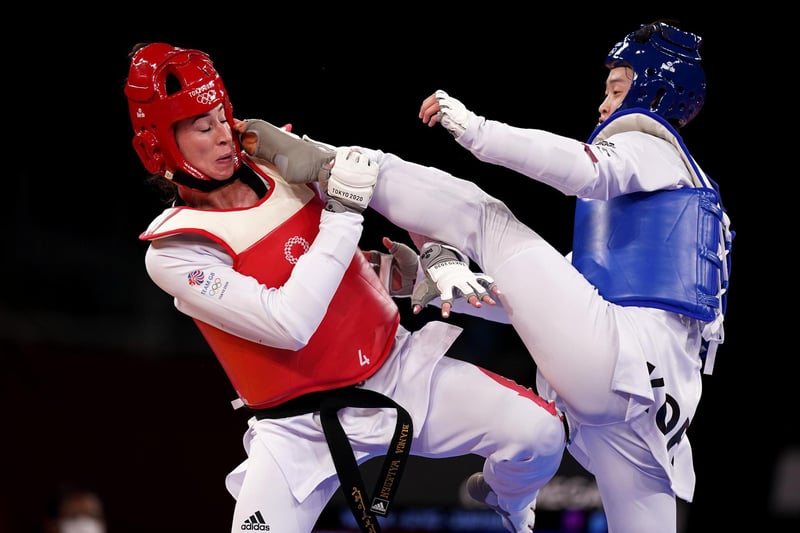 Republic of Koreaâ's Dabin Lee (right) in action against Great Britain's Bianca Walkden (left) during the Women's +67kg semi-final bout at Makuhari Messe Hall