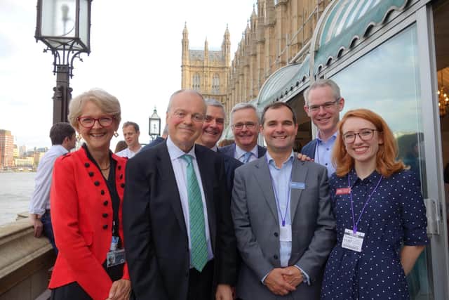 Charles Begley, third from right, with (from right) Liz Peace CBE, property adviser, Clive Betts MP,  Martin McKervey, David Ainsworth, Craig McWilliam and Rosie Day of the London Property Alliance (CPA&WPA) on the terrace at the House of Commons at a joint event in 2019.