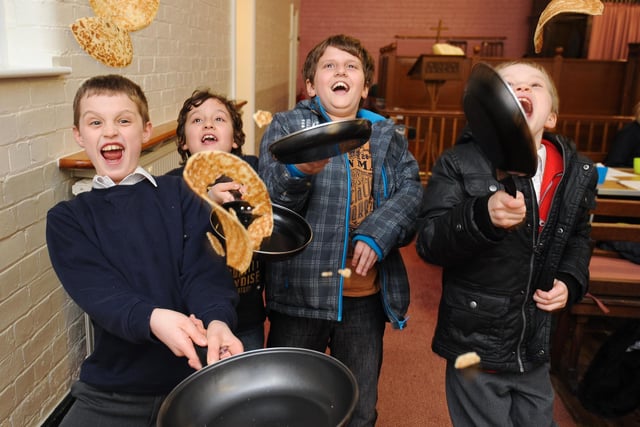 Shrove Tuesday pancake race at The Gospel Mission Church, Brampton. Pictured after the 2015  race enjoying pancakes in the church l-r are Cameron Parker 10, Kieran Blake 7, Liam Blakey 10 and Caden Parker 7.