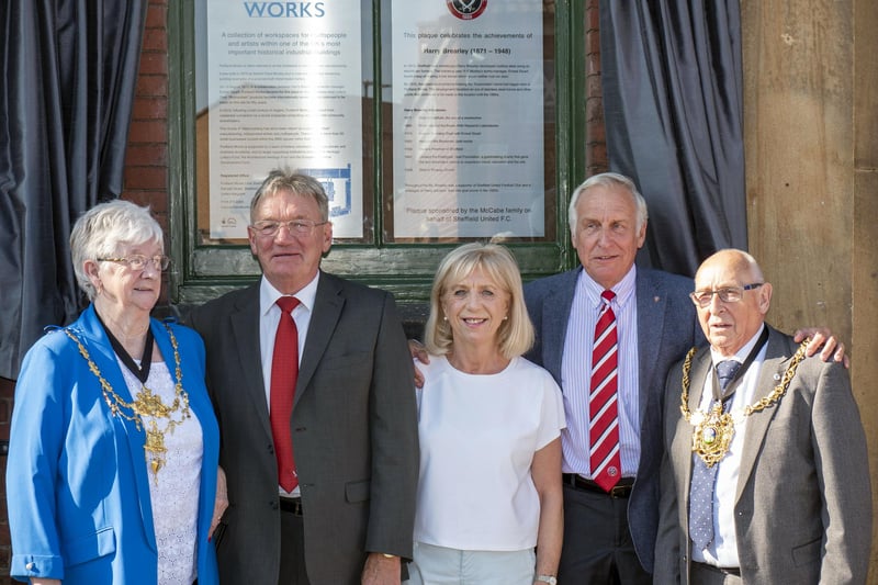 The Lord Mayor and  Lady Mayoress of Sheffield joined Tony Currie and Kevin and Sandra McCabe to unveil a plaque celebrating Harry Brearley at Portland Works in Sheffield in 2019