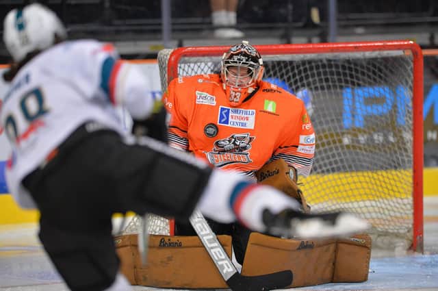 Barry Brust on form for Sheffield Steelers in their 7-1 win over Belfast Giants on Saturday. Picture: Hayley Roberts