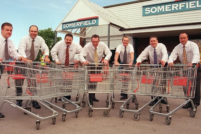 Somerfield supermarket managers prepare for a trolley dash at their respective stores.. from left... Andrew Simpkins, John Marsh, Paul Stenhouse, John Preston, Darren Flint, Paul Hemming and Wayne Ingham, 1999