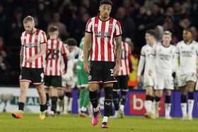 Daniel Jebbison of Sheffield United looks dejected following the Sky Bet Championship match at Bramall Lane:  Andrew Yates / Sportimage