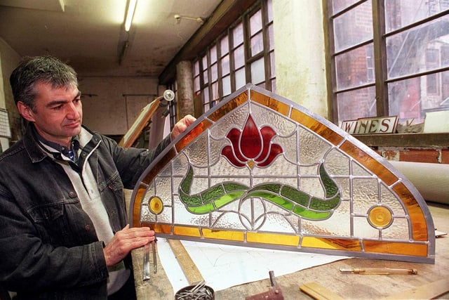 Stained glass manufacturer Alan Taylor pictured at his workshop at Leah's Yard in 1998