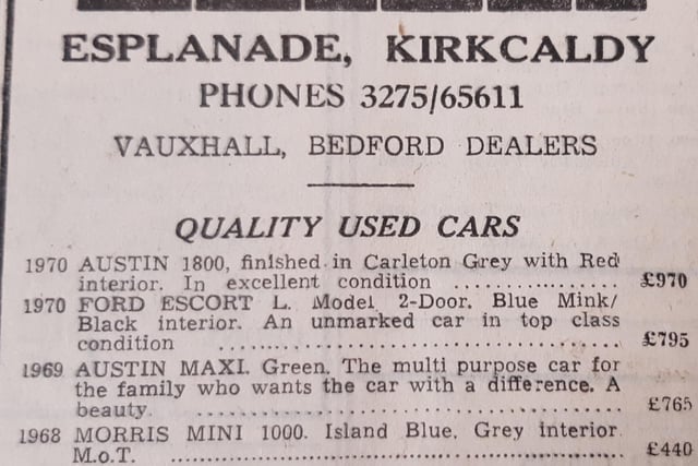 A Ford Cortina for just £350 - one of the cars on the forecourt of Vauxhall and Bedford dealers, Prom Motors, on the Esplanade.