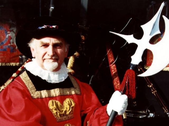 Bearnard Whitehead taking on the role of a Beefeater whilst looking after the replica crown jewels for a week in 1997