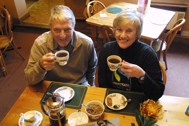 Customers drinking Fairtrade coffee at Regent House cafe on Dale Road, Matlock, in 2006