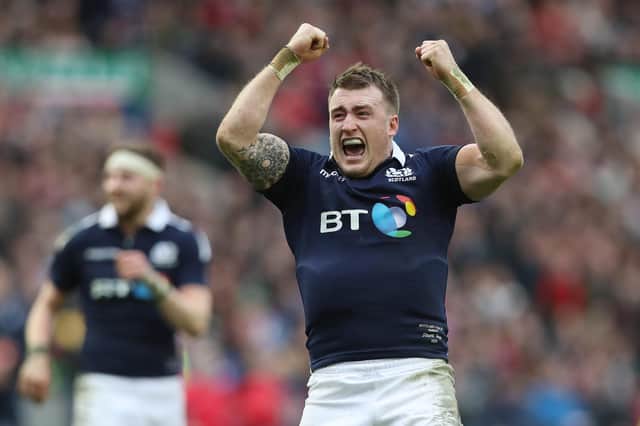 Stuart Hogg celebrating his team's 29-13 victory after the RBS Six Nations match between Scotland and Wales at Murrayfield Stadium on February 25, 2017, in Edinburgh.  (Photo by Ian MacNicol/Getty Images)