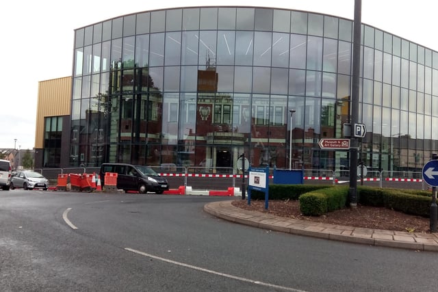 View of the under-construction Danum Gallery, Library and Museum, at Waterdale, viewed from the roundabout at the end of Wood Street