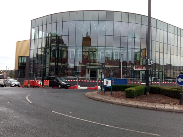View of the under-construction Danum Gallery, Library and Museum, at Waterdale, viewed from the roundabout at the end of Wood Street