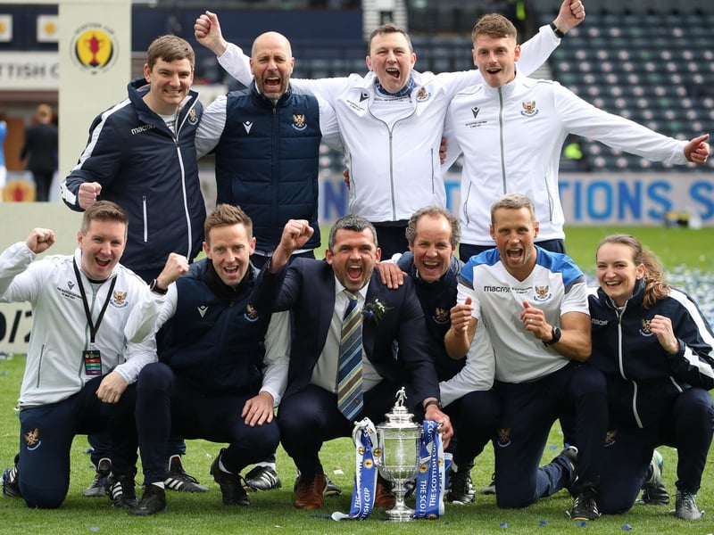 St Johnstone manager Callum Davidson and staff celebrate with the trophy after the final
