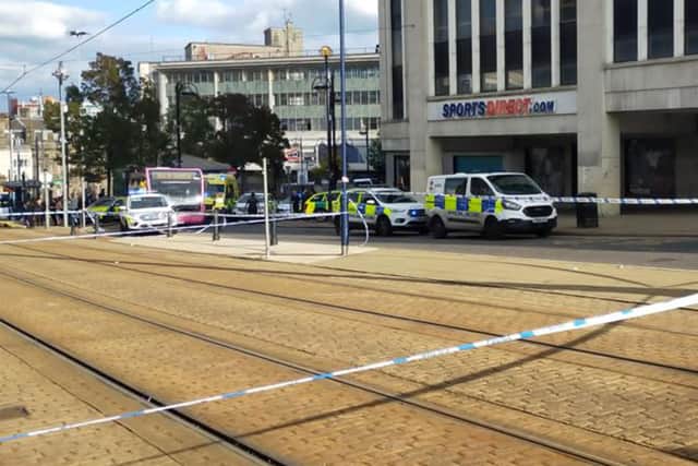 Police incident on High Street in Sheffield City Centre.