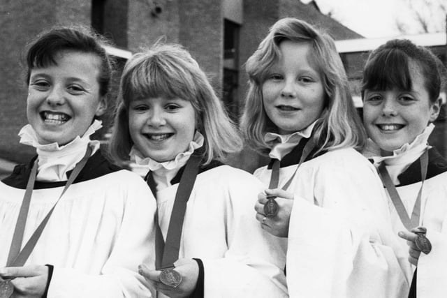 Choir members of St Mark's and St Cuthbert's Church, Quarry Lane won the Dean's Award from the Royal School of Church Music in April 1991. Pictured left to right are: Rachel Matheson, Caroline Smith, Ashleigh Simpson and Kate Matheson.
