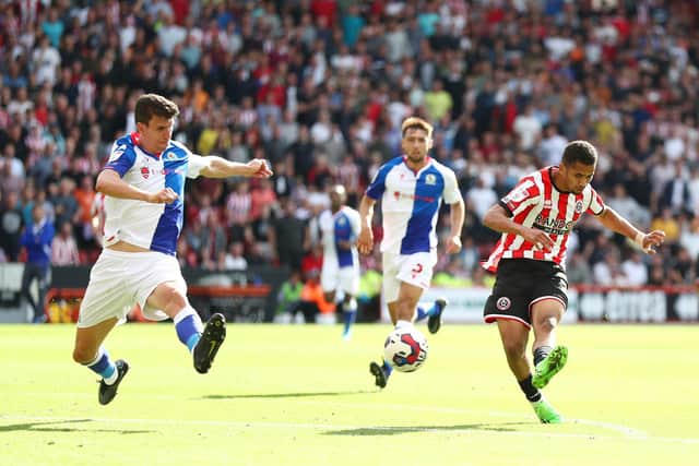 Iliman Ndiaye of Sheffield United scores their third goal during the Sky Bet Championship win over Blackburn Rovers: George Wood/Getty Images