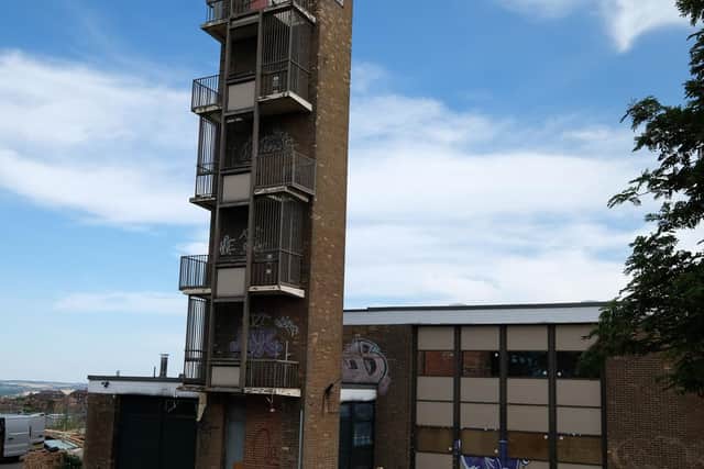The former Mansfield Road fire station building, in Birley, is set to stay under plans to convert it to a new use. The picture shows the tower that could be a climbing wall.