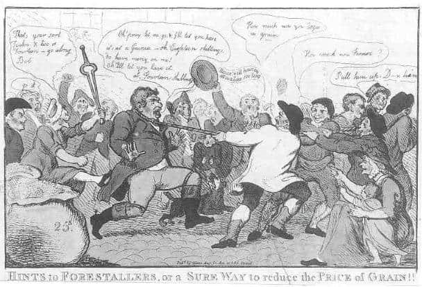 A cartoon commenting on 18th-century unrest at rising grain prices, taken from Sheffield history writer Mick Drewry's new book, Insurrection