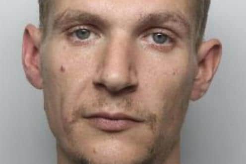 Pictured is Joe Frost. aged 35, of Durham Road, at Dunscroft, Doncaster, who was sentenced at Sheffield Crown Court to four years and eight months of custody after he pleaded guilty to two counts of illegally taking a vehicle, two burglaries, to making off without paying for fuel and to a fraud.