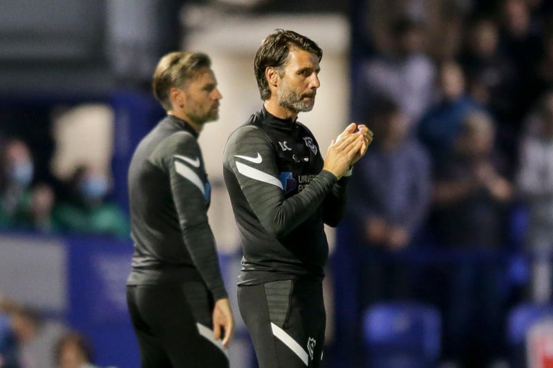 Danny Cowley of Portsmouth FC clapping in honour of Sophie Fairall during the Sky Bet League One match between Portsmouth and Plymouth Argyle at Fratton Park on September 21, 2021.