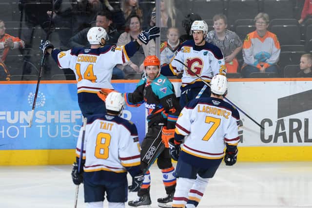 Ben O'Connor celebrates on Sheffield ice. Picture: Dean Woolley